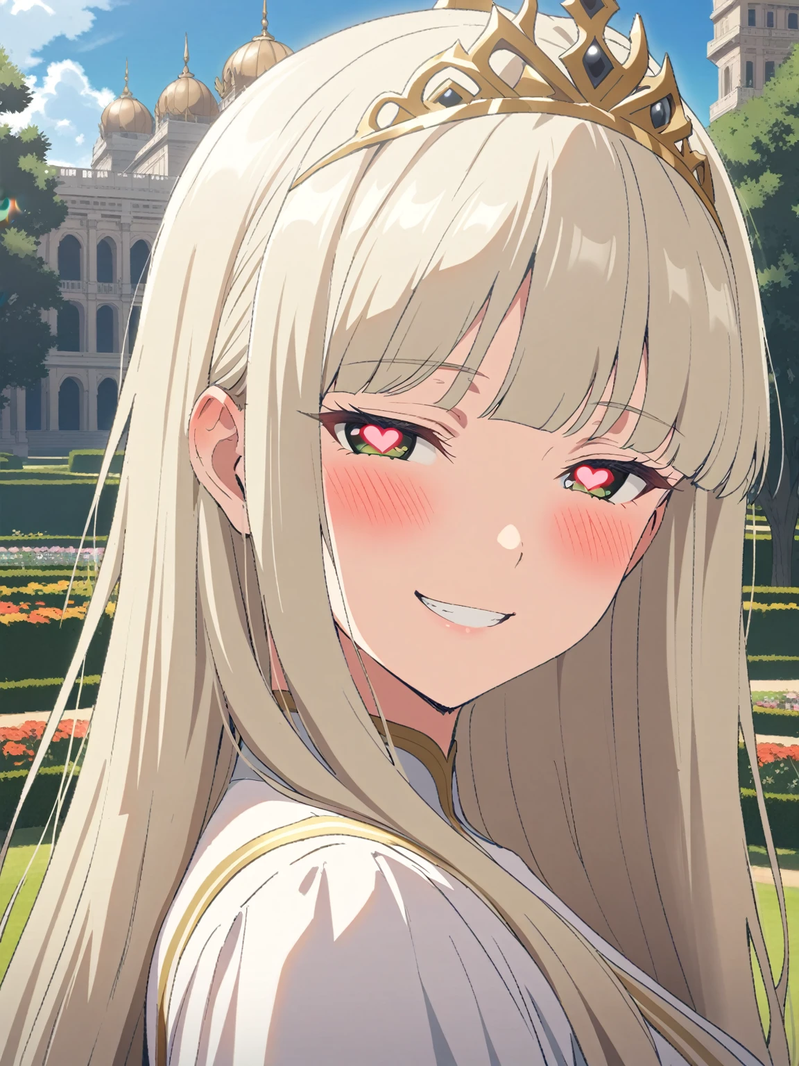 {{portrait, face focus}} {{Artist: Sincos}} 1 woman, solo, mature female, elegant, princess, medium breasts, platinum blonde hair, long hair, straight hair, hime cut, green eyes, white dress, gold trim, tiara, looking at viewer, blush, bright smile, teeth, half-closed eyes, heart-shaped pupils, outdoors, garden, palace, sunny, window.
