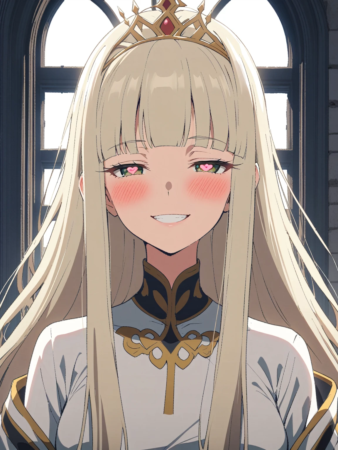 {{portrait, face focus}} {{Artist: Sincos}} 1 woman, solo, mature female, elegant, princess, medium breasts, platinum blonde hair, long hair, straight hair, hime cut, green eyes, white dress, gold trim, tiara, looking at viewer, blush, bright smile, teeth, half-closed eyes, heart-shaped pupils, outdoors, garden, palace, sunny, window.