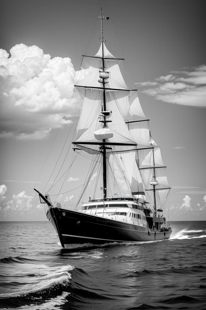 Make a picture of a boat in the middle of the open sea black and white image