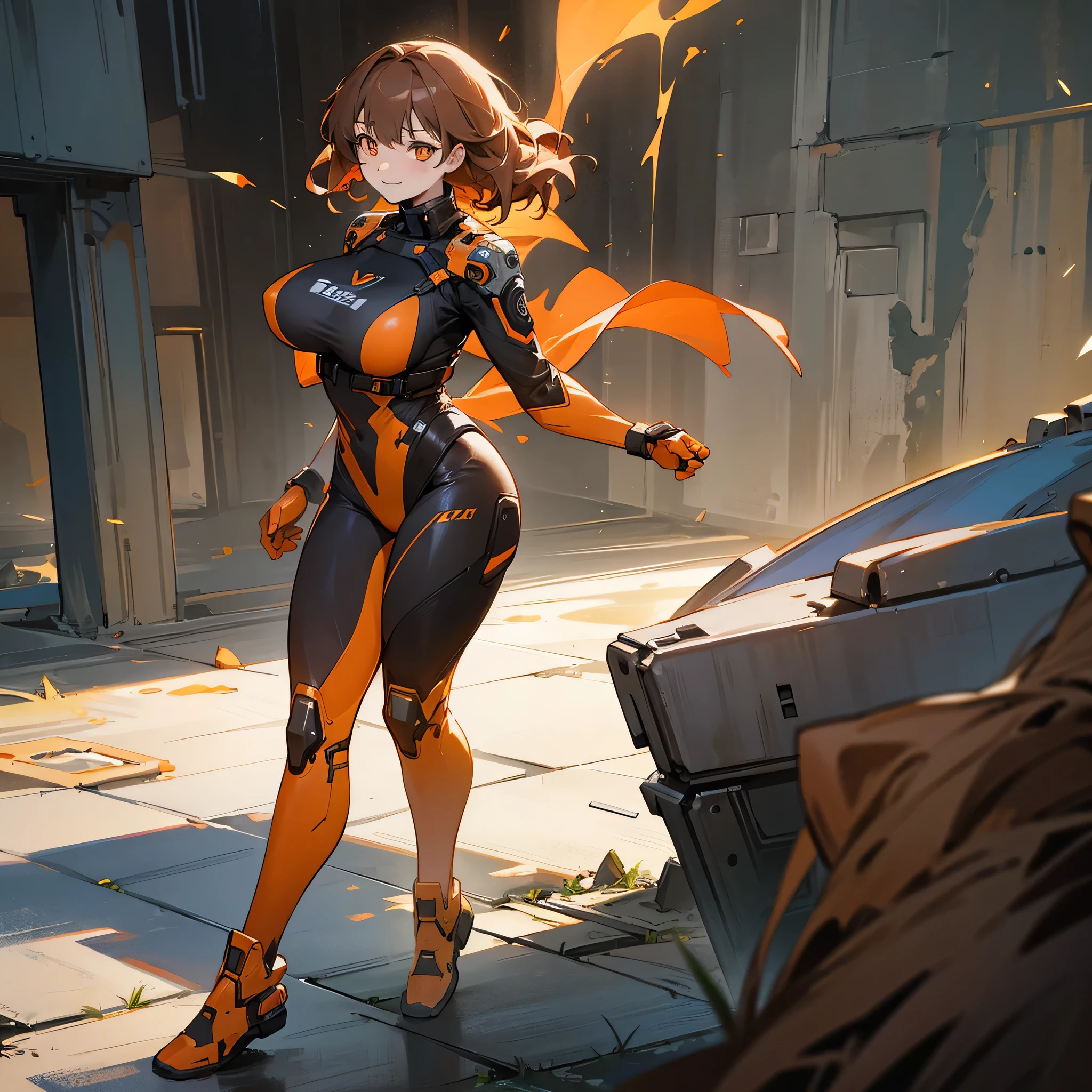 1female, young adult, big breast, finely detailed orange eyes, wild medium hair, brown hair, full body combat suits, standing on ruined building, night time, excited expression,