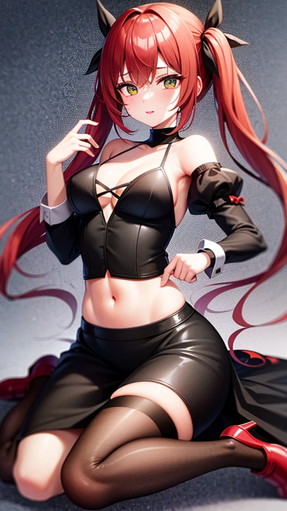 1girl, red hair, green eyes, freckles, pigtails, medium chests, hair intakes, black dress, puffy sleeves, black footwear, white background, full body, simple background, anime waifu style