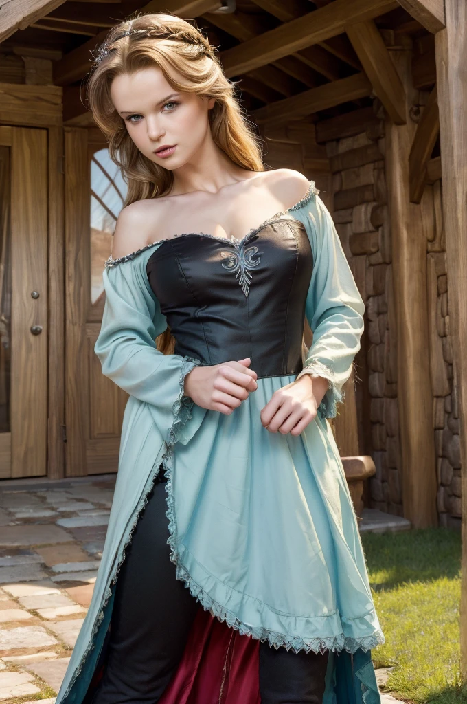 (masterpiece:1.4), (best quality:1.4), (high resolution:1.4), , anna of arendelle, , surprised, long hair, , looking at viewer,, black tunic,, outdoors, , medieval