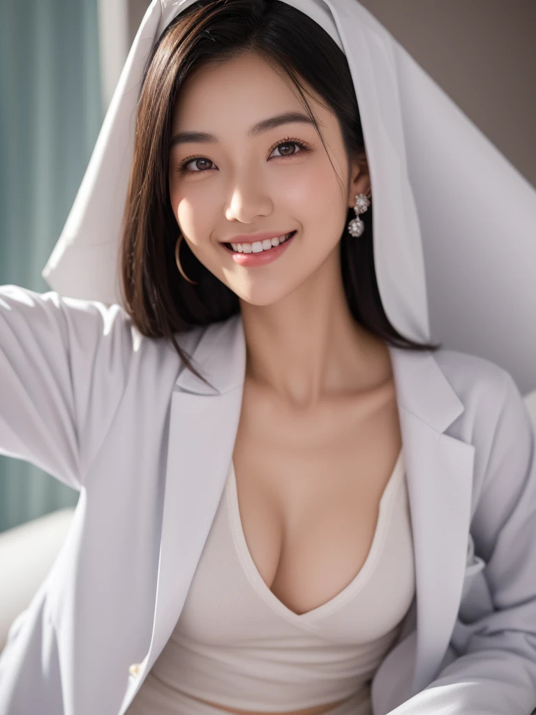 hospital room, 1girl, beautiful slim Japanese woman, wearing ((white lab coat)), solid circle eyes, light smile, ccurate, sparkling eyes, crystal earrings, hairclip, (((fingersmile))), cheek poking, pov, atmospheric perspective, high detail, photo-realistic:1.37, 8k, super detail, best quality, masterpiece, anatomically correct, super detail, textured skin, extremely detailed face and eyes, detailed facial features, ((perfect face))