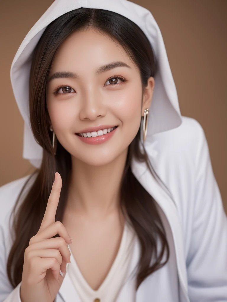 hospital room, 1girl, beautiful slim Japanese woman, wearing ((white lab coat)), solid circle eyes, light smile, ccurate, sparkling eyes, crystal earrings, hairclip, (((fingersmile))), cheek poking, pov, atmospheric perspective, high detail, photo-realistic:1.37, 8k, super detail, best quality, masterpiece, anatomically correct, super detail, textured skin, extremely detailed face and eyes, detailed facial features, ((perfect face))