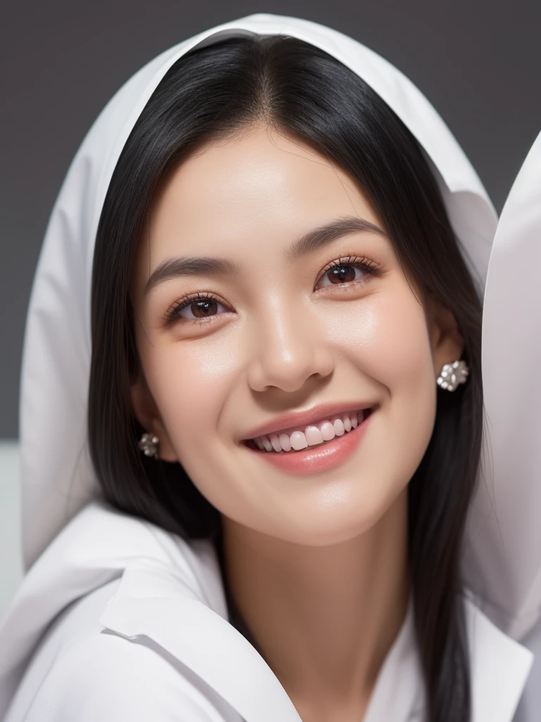 hospital room, 1girl, beautiful slim Japanese woman, wearing ((white lab coat)), solid circle eyes, light smile, ccurate, sparkling eyes, crystal earrings, hairclip, (((fingersmile))), cheek poking, pov, atmospheric perspective, high detail, photo-realistic:1.37, 8k, super detail, best quality, masterpiece, anatomically correct, super detail, textured skin,  extremely detailed face and eyes, detailed facial features, ((perfect face))