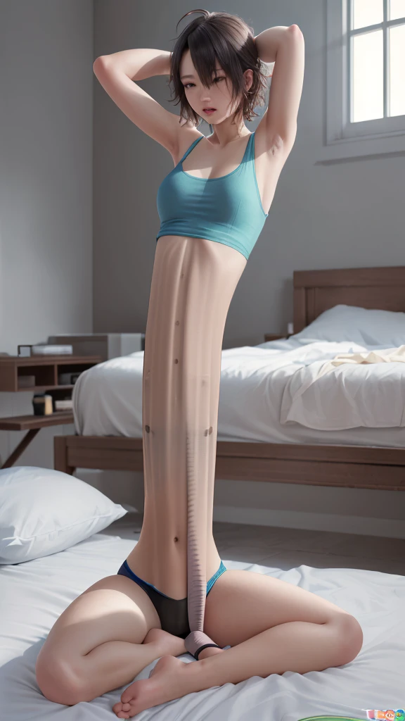 (ultra realistic, highly detailed:1.4), best quality, masterpiece
girl, tall asian woman, androgynous, gray tank top and panties, sitting, barefoot, bedhead, hands behind head, flat chest, ((longtorso, ltso):1.5), tall