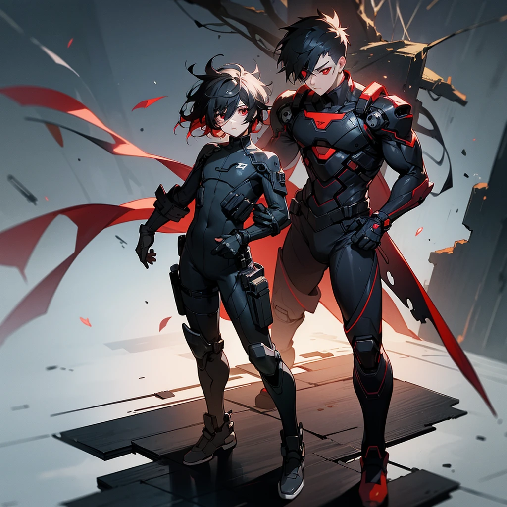 1male, young adult, finely detailed red eyes, buzz cut, messy hair, black hair, eye patch, full body combat suits, standing on ruined building, night time, serious expression