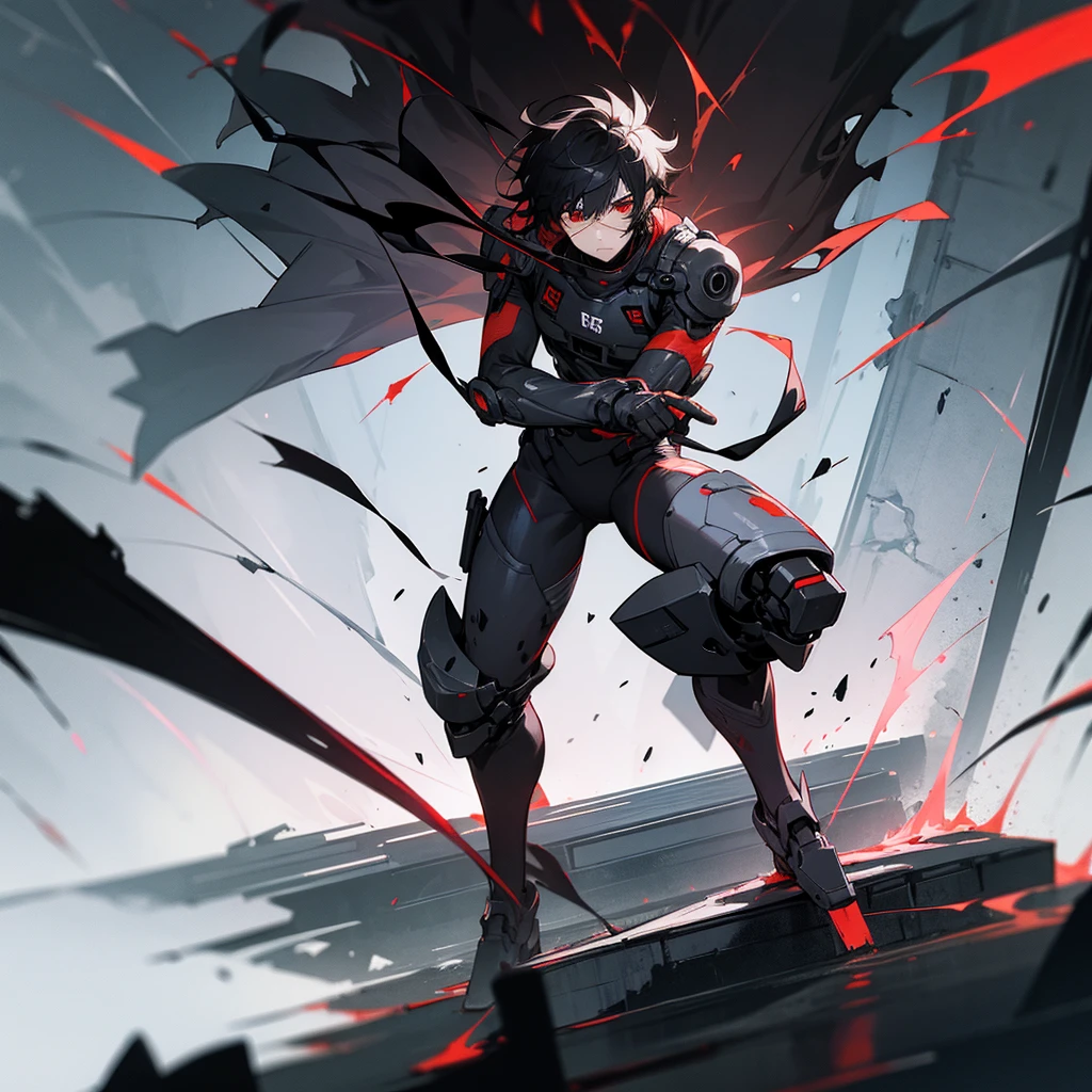 1male,  adult, finely detailed red eyes, buzz cut, messy hair, black hair, eye patch, full body combat suits, standing on ruined building, night time, serious expression