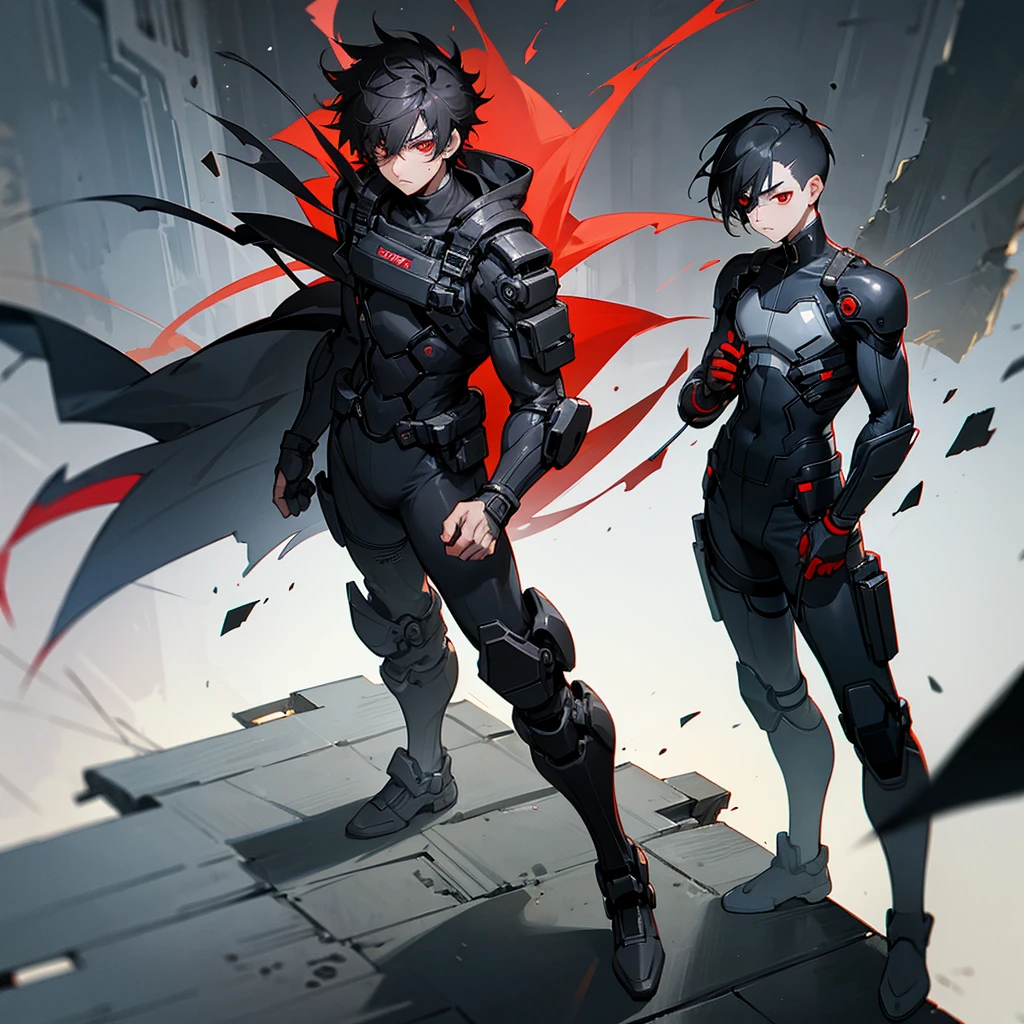 1male, young adult, finely detailed red eyes, buzz cut, messy hair, black hair, eye patch, full body combat suits, standing on ruined building, night time, serious expression