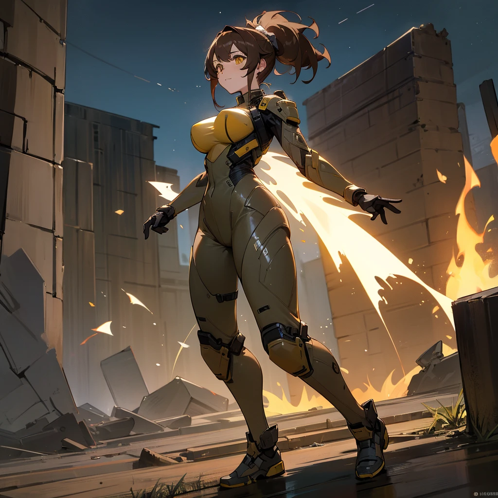 1female,  adult, big breast, finely detailed yellow eyes, wild medium hair, brown hair, ponytail, full body combat suits, standing on ruined building, night time, excited expression, 