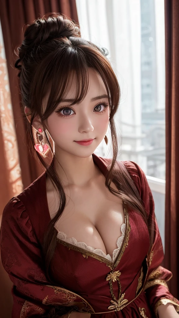 Drill Hair, curtained hair, Hair Bun, Big Hair, Medium Hair, リボンHair Bunド, Heart-shaped pupils, Raise your eyebrows, smile, Pursed lips, Surrealism, Renaissance, anime, anime style, Cinema Lighting, Depth of written boundary, God's Rays, Cast a Shadow, Fujicolor, First Person View, throw, Wide-angle, anime style, Surrealism, 超High resolution, retina, masterpiece, Accurate, Textured skin, Attention to detail, High resolution, 16k