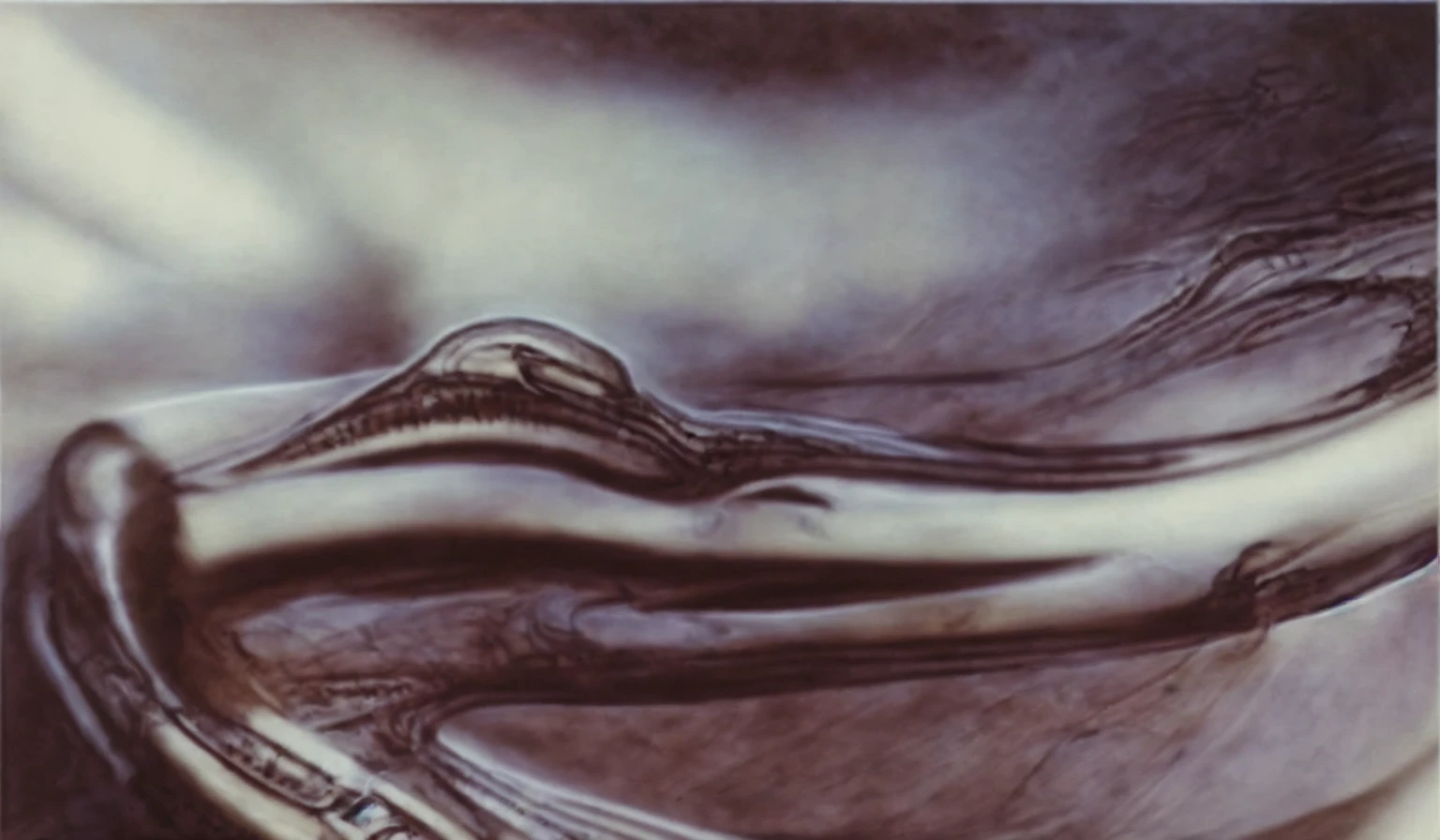 airbrush painting, sensual and sexual painting of a skull in HRGigerArhP style, abstract, mechanical chaos, muted colors,