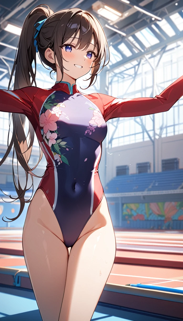highquality illustration, masterpiece, very delicate and beautiful, attractive girl,(gymnastics leotard, Floral patterns leotard,long_sleeve leotard,high_leg leotard,athletic leotard,tight-fit leotard),thin,slender body,slim,high school,gymnasium background,gymnastics club,gymnastics athlete,princess, beautiful eyes,light smile,(masterpiece, best quality:1.2), highres, extremely detailed CG unity 8k wallpaper, perfect lighting, Colourful, ultra-high res,4K,ultra-detailed, photography, 8K, HDR, 17 ages,