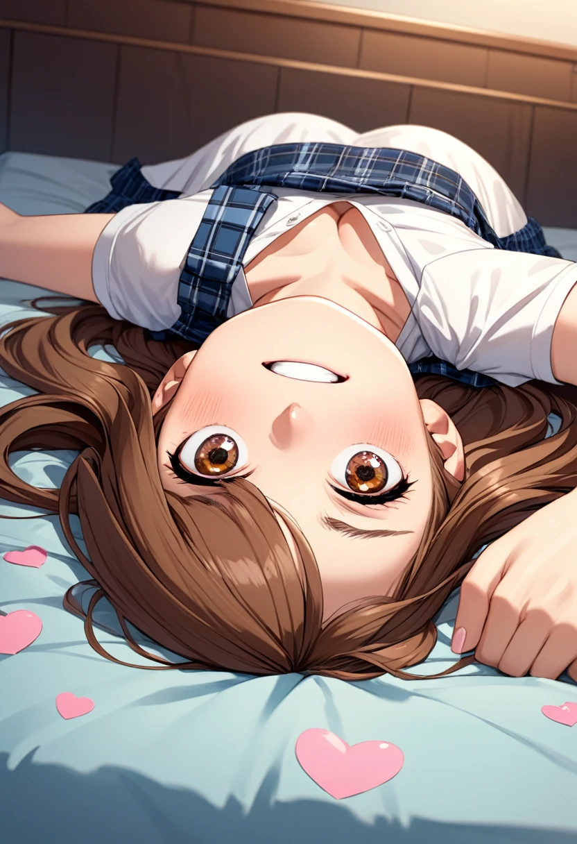 detailed illustration, dynamic angle, ultra-detailed, illustration, 1girl, 18 year old, school girl, wavy brown hair, long hair, bright brown eyes, hearts, white shirt, blue plaid skirt, cleavage, flush, blush, arousal, grinning, wide eyes, drunk, very drunk, laying on stomach, laying on bed, up close, bedroom