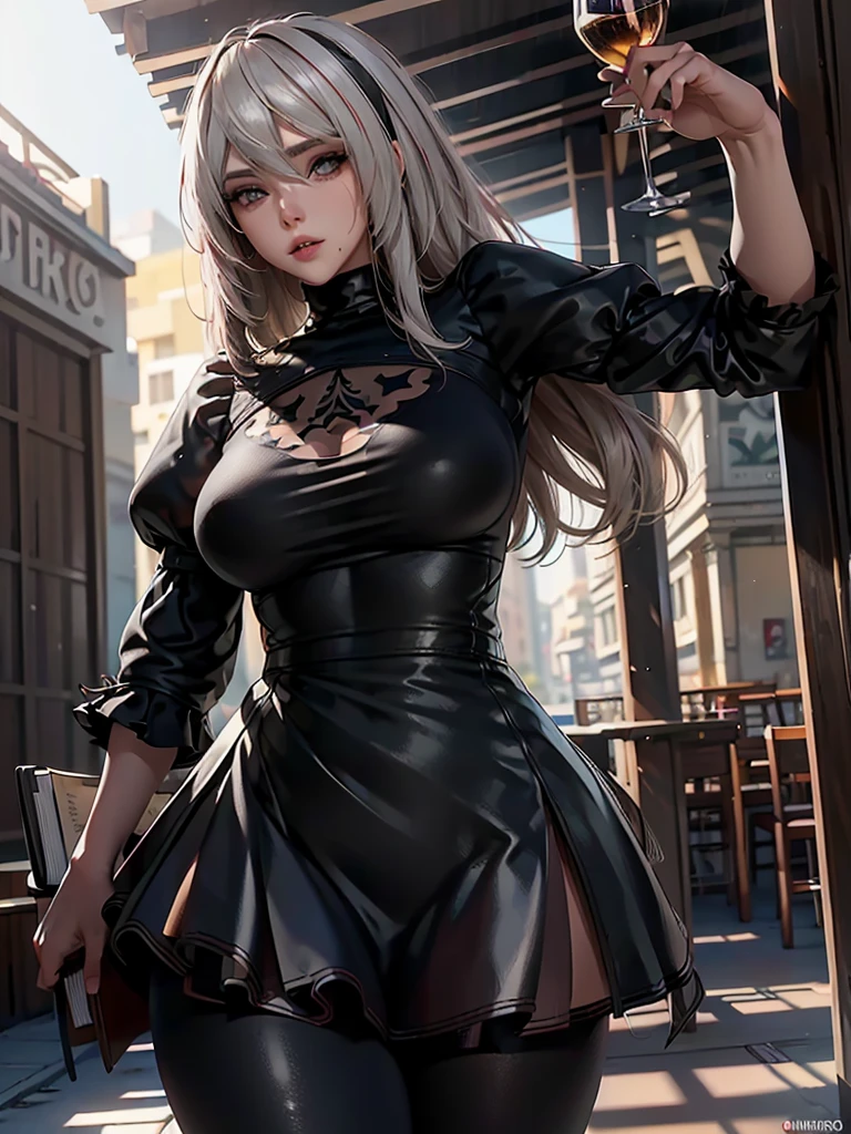 (masterpiece) Mulher, vestindo (( top esportivo de couro preto e vermelho, black leggings and a pleated leather skirt, jaqueta de pele longa, bota de cano alto com salto, holding a book in one hand and a glass of wine in the other)) , Appearance ((cabelo ????? preso em um cabo de cavalo alto, modelo plus size, olhos castalhos brilhantes, olhos detalhados, labios vermelhos)), ambiente, andando em uma rua enoevoada ao por do sol
