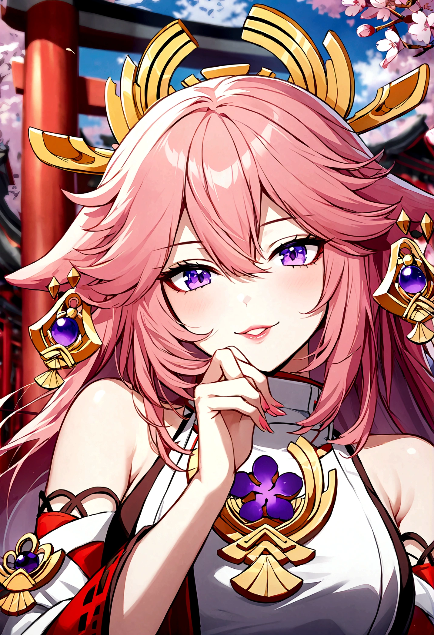 1girl, (ulzzang-6500:0.7), kpop idol, yae miko, detached sleeves, bare shoulders, pink hair, long hair, japanese clothes, best quality, (painting:1.5), (hair ornament:1.35), jewelry, purple eyes, earrings, breasts, torii, cherry blossoms, lantern light, depth of field, detailed face, face focus, ribbon_trim, (looking at viewer:1.25), nontraditional miko, shiny skin, long sleeves, smile, thick lips, game cg, hands on lips, east asian architecture, (blurry background:1.2), sitting, upper body,
