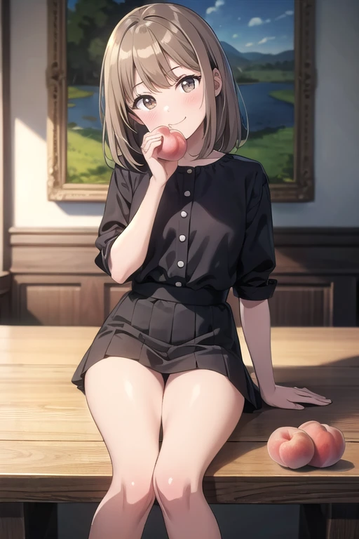 (masterpiece), in room, sitting, table, head tilt, I look at the viewer, hold a peach, 1 Girl, light imperceptible smile, Medium hair, light brown hair, peel a peach, рядом на tableе тарелка с персиками(realistically repeated reproduction of a painting "Girl with peaches")