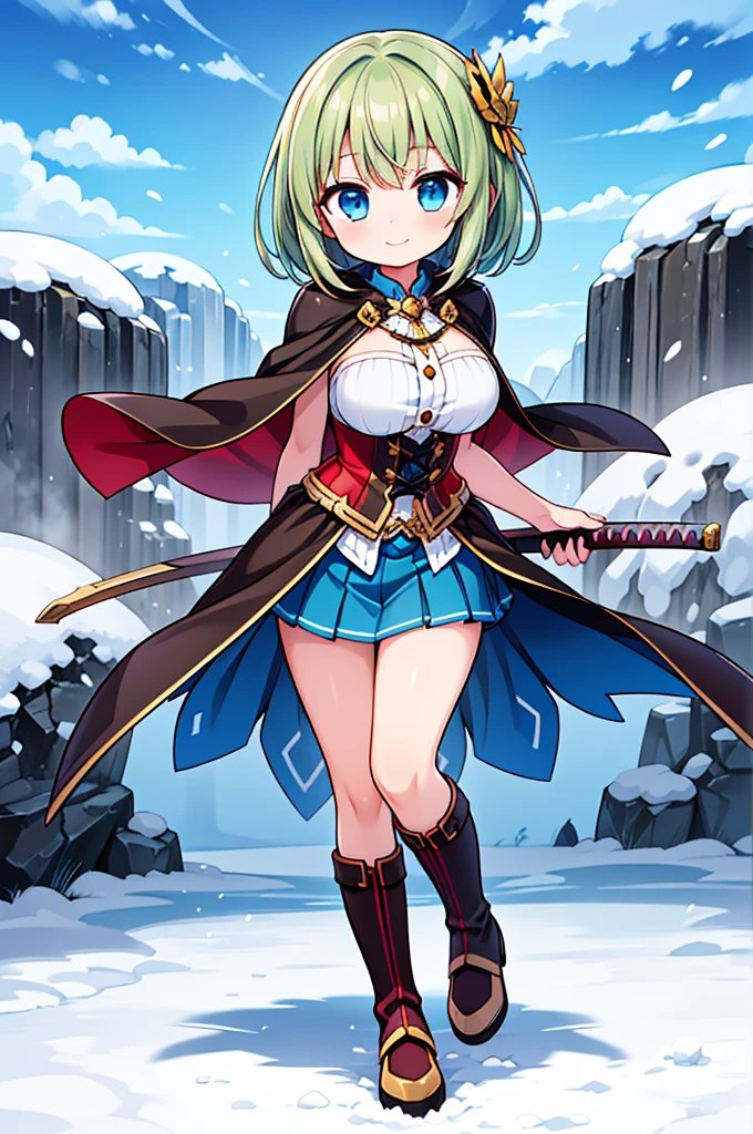 Fantasy,((Masterpiece)),((high resolution)),((Best Quality)),Anime illustration,((1girl)),(ウェーブがかったshort hair),(short hair),(Dark green hair),Braid,Large round light blue eyes,Droopy eyes,,baby face anasts,(very big breasts),(child),Short stature,veless white blouse,Blue mini skirt,slit,Brown corset,brown capelet,smile,Golden hair ornament,Brown long boots,blue sky,Snow Mountain,Full body image,battoujutsu,