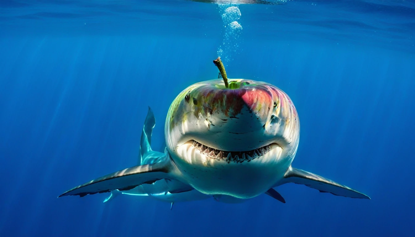 Photo of an apple:1 AND photo of a shark:0.6