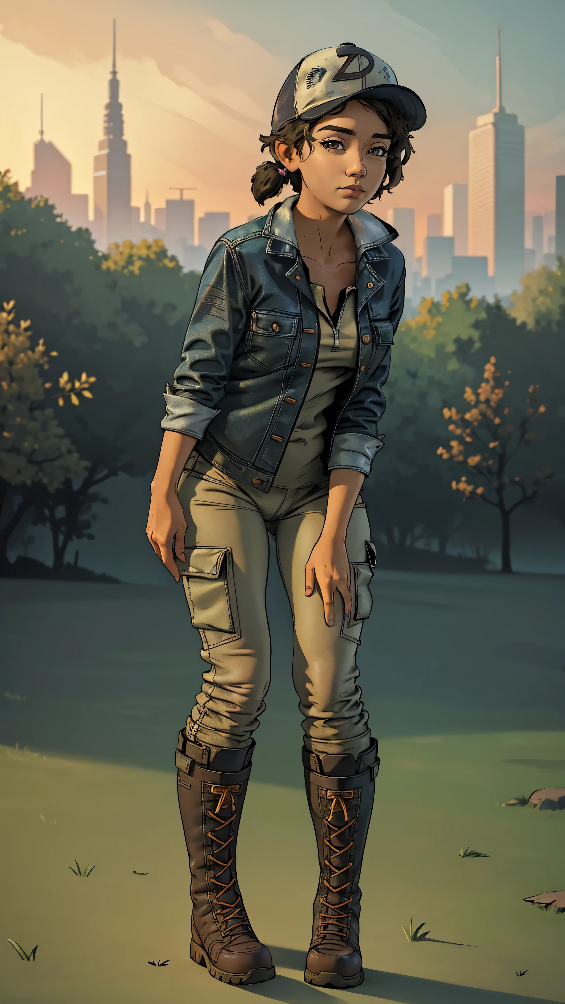 ((masterpiece, best quality)),(complex lighting) ,solo,(((1girl))) ,clementine, light skin,light-skinned female, baseball cap, green cargo pants, brown eyes, tight pants, combat boots, shirt, short hair, one short ponytail, open denim jacket, huge butt, thicc butt , (((8k))), (((full body))), (((bent over))), (((looking at the viewer))), cameltoe