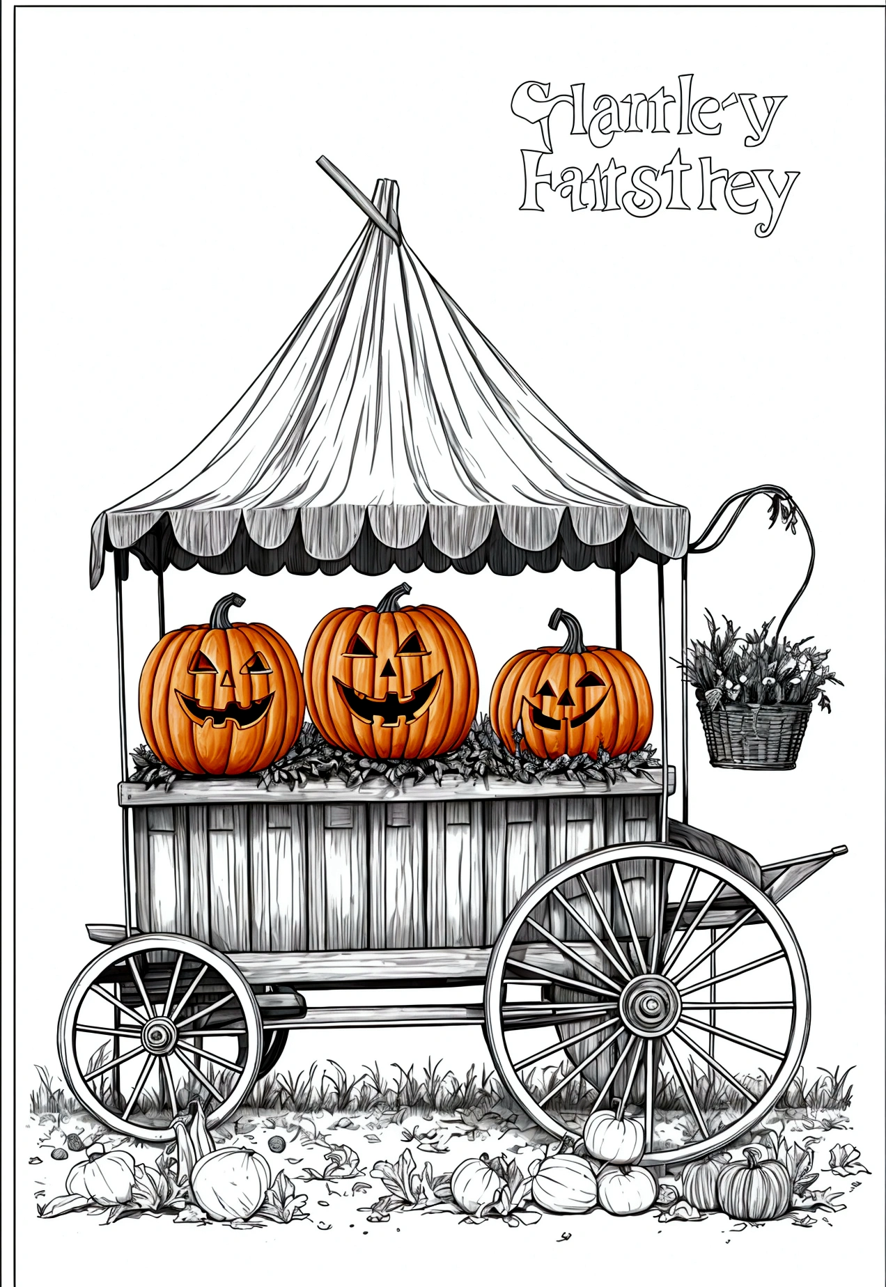 grey and white only, Book page coloring art, All-white background, Use only outlines, line art, coloring book, Clean line art, For coloring Simple and clean line art, coloring book page, perfect symmetric details, Harvest Festival: A small country fair with colorful tents, people enjoying food and games, a hayride wagon filled with happy children, a display of pumpkins, gourds, and corn stalks, and a banner reading "Harvest Festival."