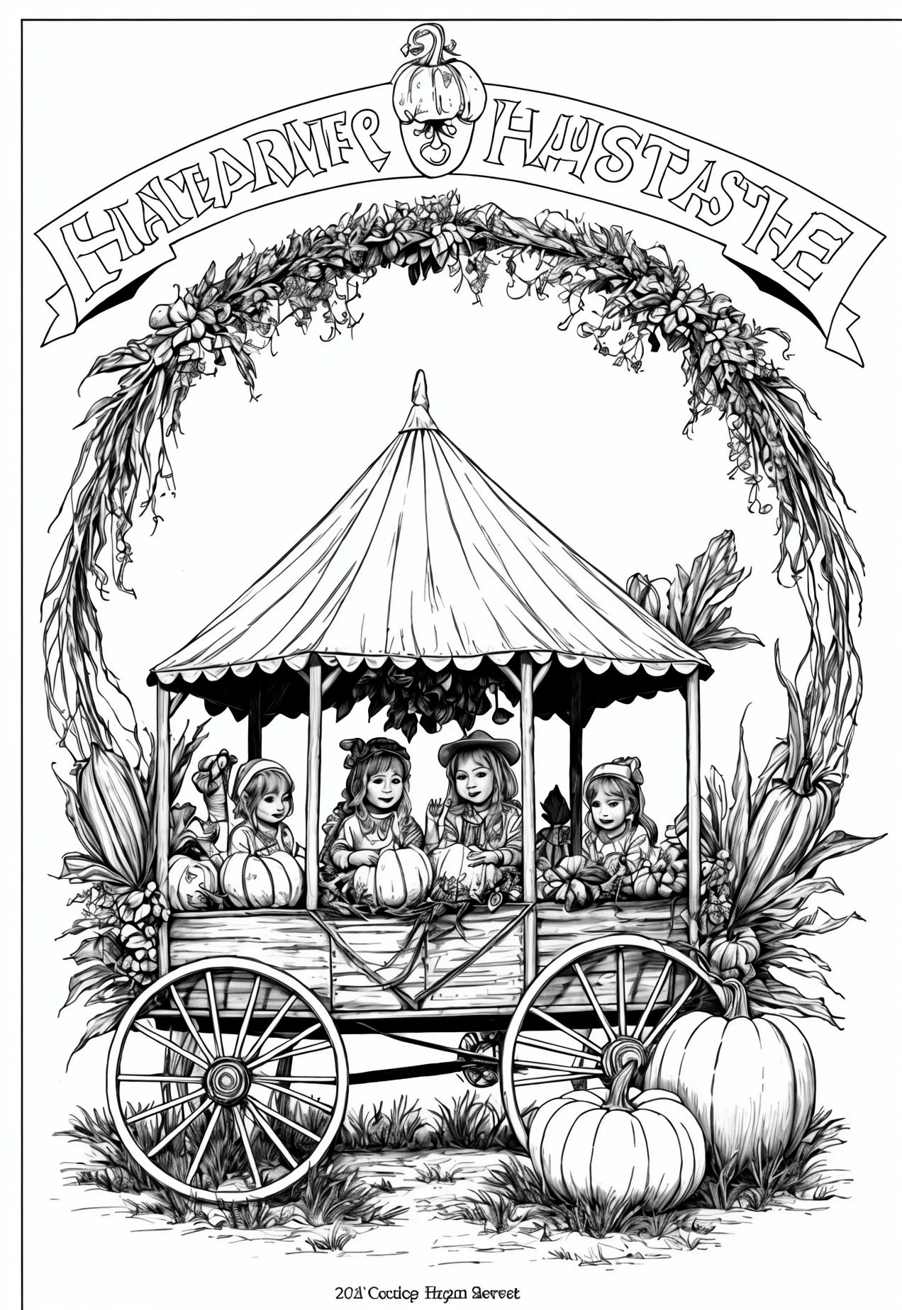grey and white only, Book page coloring art, All-white background, Use only outlines, line art, coloring book, Clean line art, For coloring Simple and clean line art, coloring book page, perfect symmetric details, Harvest Festival: A small country fair with colorful tents, people enjoying food and games, a hayride wagon filled with happy children, a display of pumpkins, gourds, and corn stalks, and a banner reading "Harvest Festival."