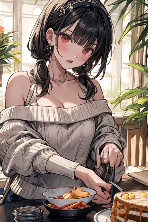 masterpiece, yor, 1girl, Amazing Cleavage:1.3, thin waist, big ass, Raised sexy, medium breast: 1.8 posed cleavage:1.2、solo, looking at viewer, open mouth, have a cup of coffee,black hair, red eyes, dress, bare shoulders, jewelry, collarbone, sidelocks, hairband, earrings, indoors, off shoulder, :o, sweater, arms behind back, plant, short hair with long locks, white hairband, off-shoulder dress, sweater dress, off-shoulder sweater, red sweater, big side hair, very long side hair,is rendered in (masterpiece: 1.2, best quality), with (ultra high resolution) and an exquisite (depth of field). This masterpiece is not only visually stunning but also tells, make of cake cooking ,in the kitchen