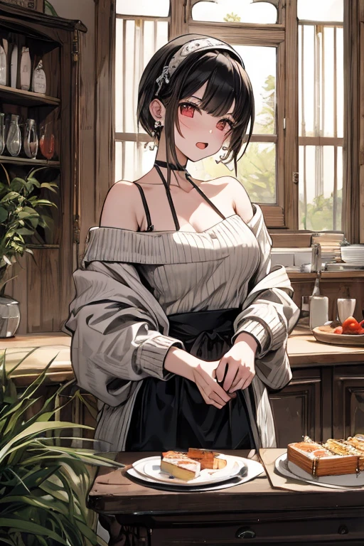 ((((masterpiece, best quality, high resolution)))), 1girl, average breasts, blush, light smile, parted lips, glow, thighs, bare shoulders, collarbone, narrow waist, cleavage, (masterpiece), (beautiful detailed face, beautiful detailed eyes), (naked apron, kitchen, arms behind back,), hanabi\(boruto\)