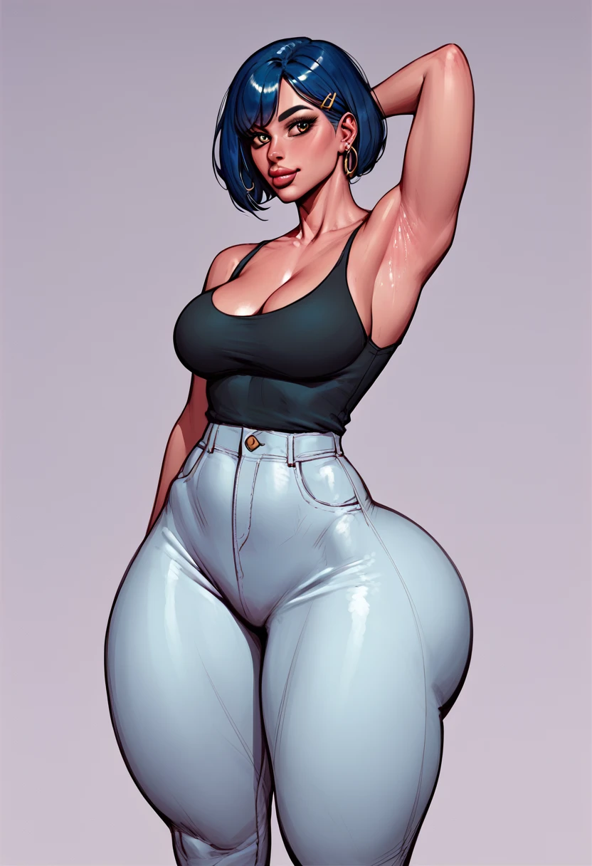 Short hair, very big body, very big ass, very big tits, very big thighs. Wearing a . Very tall. Showing off his armpits. There are stains in his armpits.