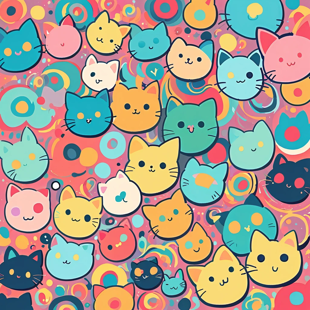Eri Kamijo style, Simple Line Initialism,Abstract art,Urban Background, colorful kittens ,No people