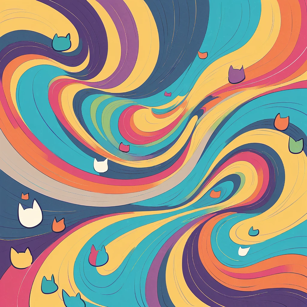 Eri Kamijo style, Simple Line Initialism，Abstract art，Urban Background, colorful kittens ,No people
