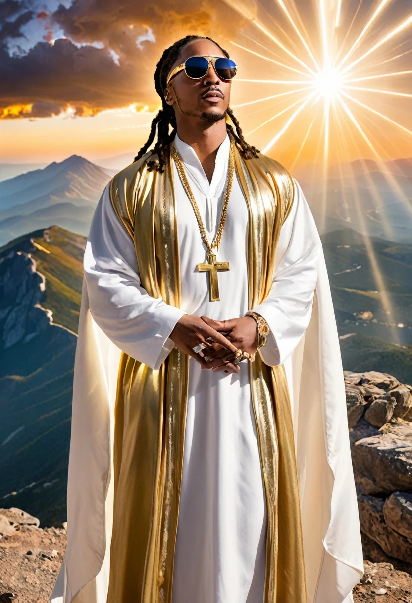 /imagine Create an image of rapper Future depicted as a biblical prophet on a mountaintop, wearing flowing robes, with light shining down upon him, in a holy and divine setting.