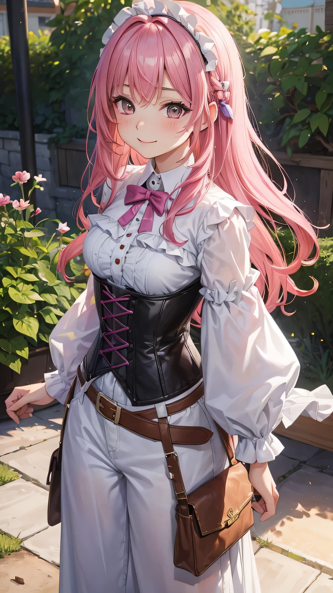 A young 16 year old western girl with vibrant pink hair, parecida a "maria la del barrio" vestida con un abrigo oscuro y una camisa blanca, with a corset and several belts, pantalones cortos negros y medias hasta el muslo, y botas marrones. The girl has her eyes closed and an expression of gratitude and happiness on her face, se alcanzan a ver sus rasgos femeninos pronunciados casi como si estuviera desnuda.