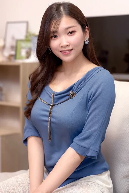 One girl, alone,(Blue Snugglywear:1.8),(Cleavage cutout:1.0),(RAW Photos, highest quality), (Realistic, photo-Realistic:1.4), masterpiece, Very delicate and beautiful, Very detailed, 2k wallpaper, wonderful, In detail, Very detailed CG unity 8k wallpaper, Super detailed, High resolution, Soft Light, Beautiful detailed girl, Very detailed eyes and face, Beautifully detailed nose, Beautiful fine details,(Soft Light:1.8),(In the living room:2.0),Perfect Anatomy,(Slender body:1.6),(Face close-up:1.0),(smile,Friendly, warm:2.0),(View Viewer:1.8),(Japanese Idols:1.8),(Brown eyes:1.8),(Shoulder-length hair:1.8),(Sitting on the couch:1.8),  