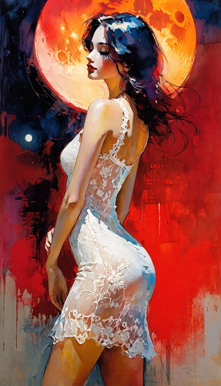 sexy and erotic girl lace dress ,red backdrop, a bright moon (inspirational art by Bill Sienkiewicz, oil painting, brush stroke details that enhance depth)
