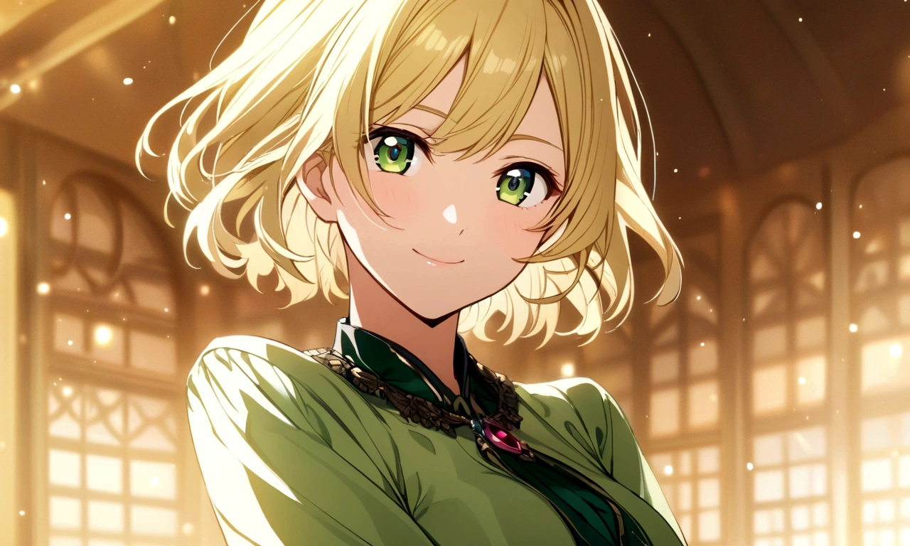 female Green clothes Short Hair Blonde anime smile