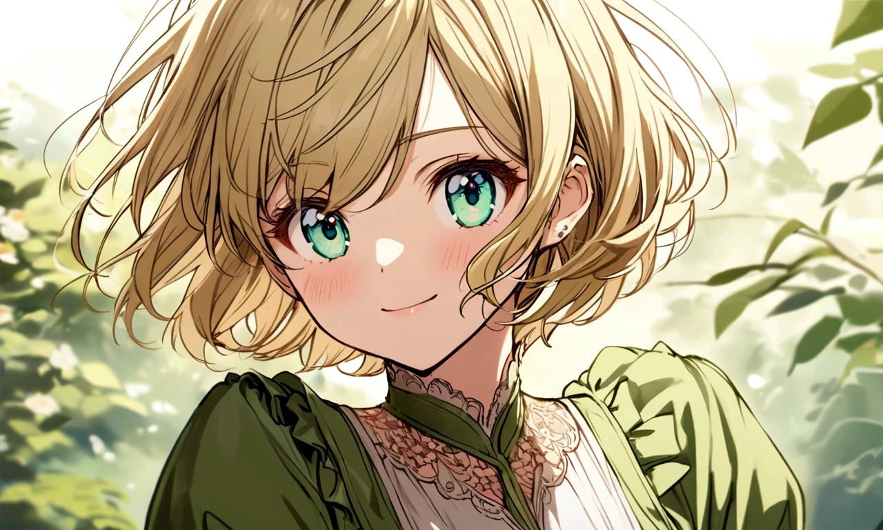 female Green clothes Short Hair Blonde anime smile