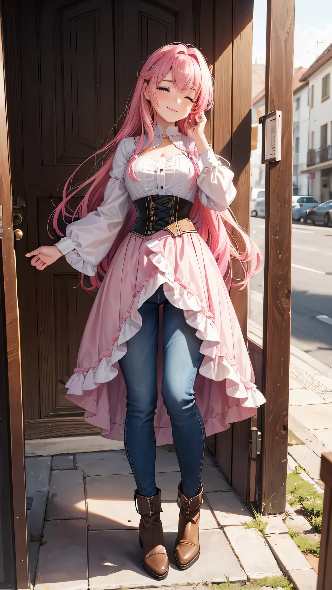 A young 16 year old western girl with vibrant pink hair, parecida a "maria la del barrio" vestida con un abrigo oscuro y una camisa blanca, with a corset and several belts, pantalones cortos negros y medias hasta el muslo, y botas marrones. The girl has her eyes closed and an expression of gratitude and happiness on her face, se alcanzan a ver sus rasgos femeninos pronunciados casi como si estuviera desnuda.