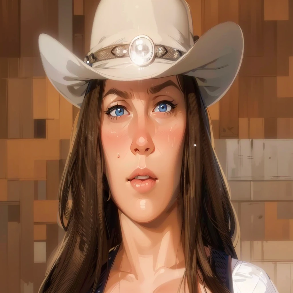a beautiful young woman with blonde hair, deep blue eyes, and a tall European British face, her cleavage visible, sweat glistening on her body, (best quality,4k,8k,highres,masterpiece:1.2),ultra-detailed,(realistic,photorealistic,photo-realistic:1.37),portrait,cinematic lighting,dramatic colors, angry expression