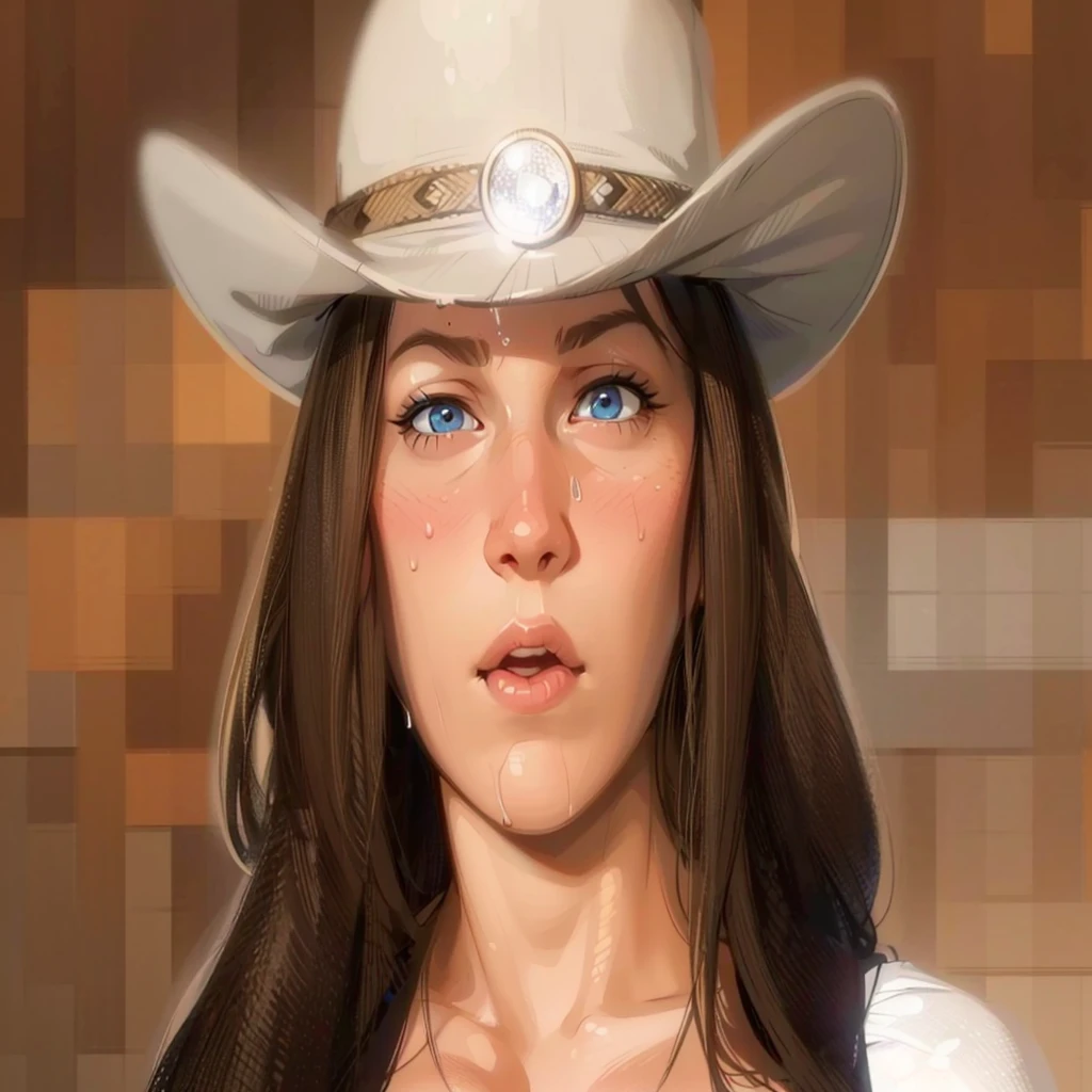 a beautiful young woman with blonde hair, deep blue eyes, and a tall European British face, her cleavage visible, sweat glistening on her body, (best quality,4k,8k,highres,masterpiece:1.2),ultra-detailed,(realistic,photorealistic,photo-realistic:1.37),portrait,cinematic lighting,dramatic colors, angry expression