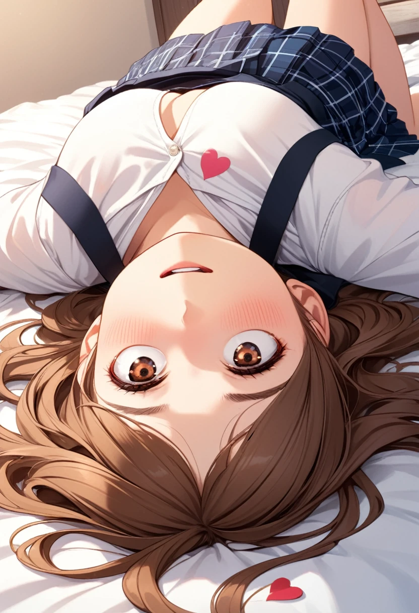 detailed illustration, dynamic angle, ultra-detailed, illustration, 1girl, 18 year old, school girl, wavy brown hair, long hair, bright brown eyes, hearts, white shirt, blue plaid skirt, cleavage, flush, blush, arousal, wide eyes, drunk, very drunk, laying on stomach, laying on bed, up close, bedroom, sad, worried, pleading, 