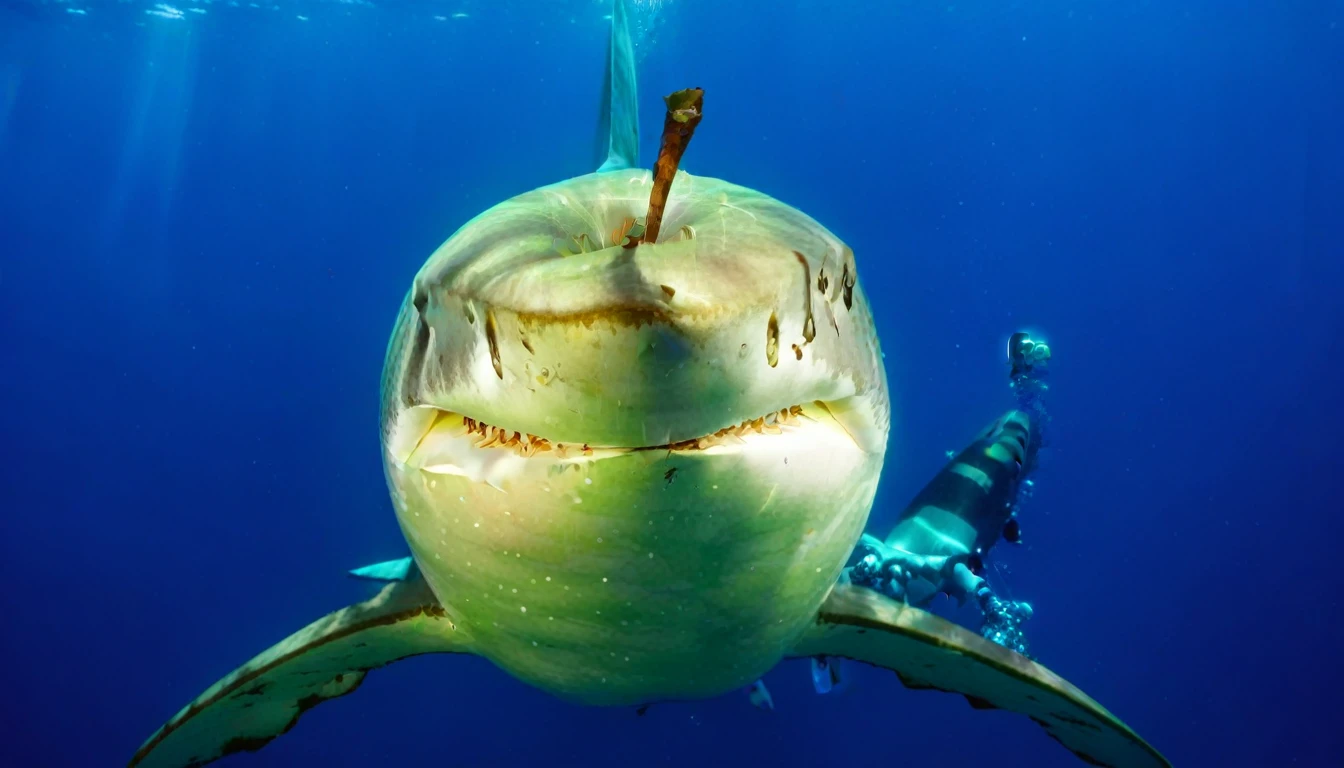 Photo of an apple:1 AND photo of a shark:0.6