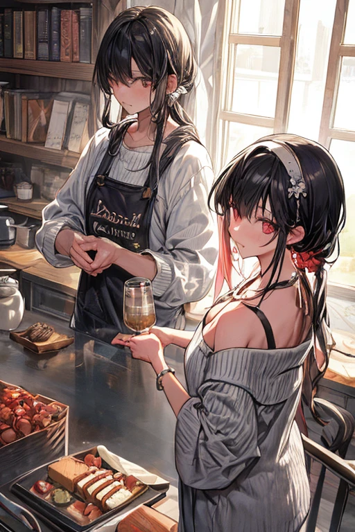 masterpiece, yor, 1girl, Amazing Cleavage:1.3, thin waist, big ass, Raised sexy, medium breast: 1.8 posed cleavage:1.2、solo, looking at viewer, open mouth, have a cup of coffee,black hair, red eyes, dress, bare shoulders, jewelry, collarbone, sidelocks, hairband, earrings, indoors, off shoulder, :o, sweater, arms behind back, plant, short hair with long locks, white hairband, off-shoulder dress, sweater dress, off-shoulder sweater, red sweater, big side hair, very long side hair,is rendered in (masterpiece: 1.2, best quality), with (ultra high resolution) and an exquisite (depth of field). This masterpiece is not only visually stunning but also tells, make of cake cooking ,in the kitchen