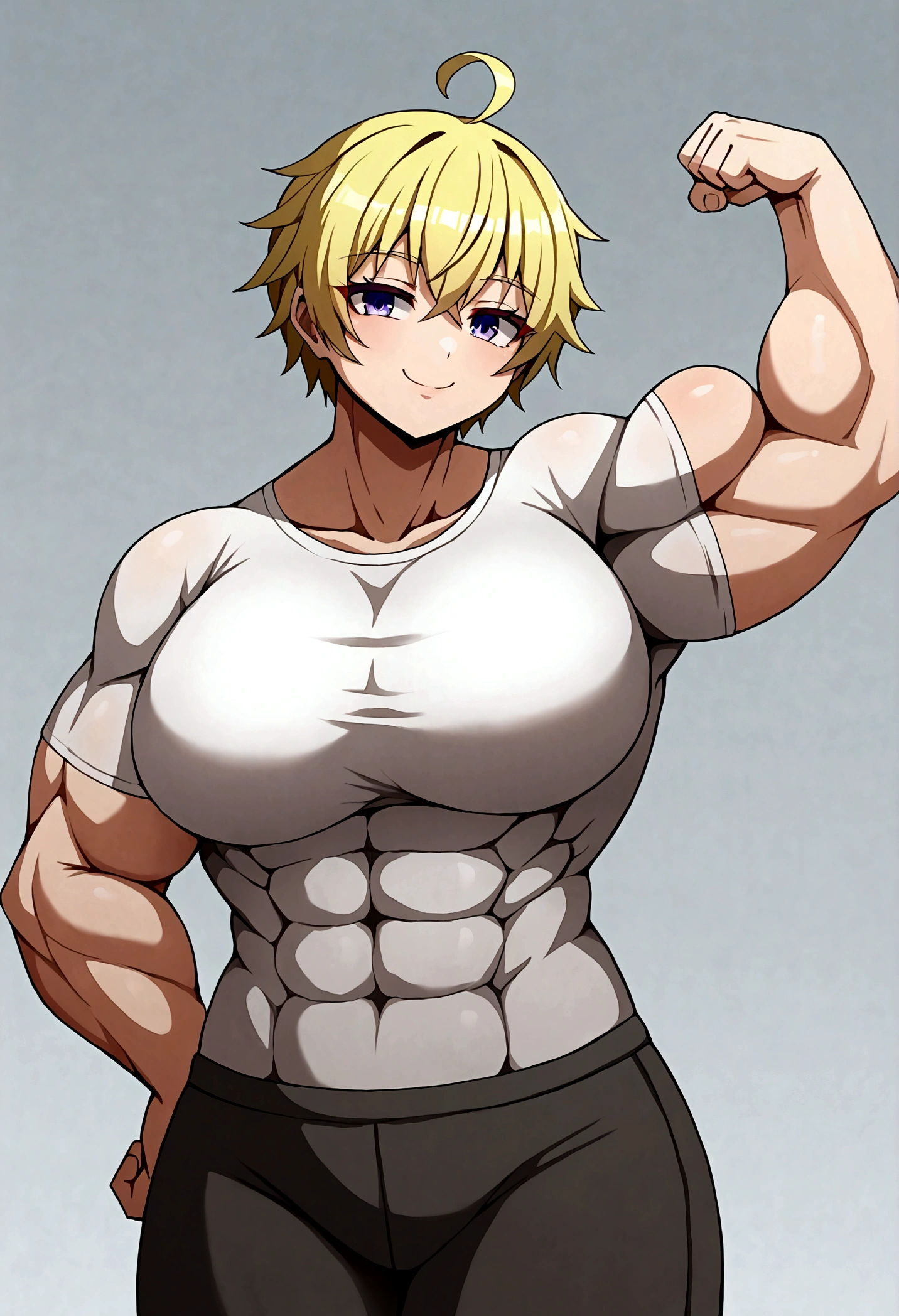 lndswgnr_v1.0, (Sharp focus: 1.5), (sharp focus:1.2), anime, attractive young woman, (beautiful face:1.1), bodybuilder, huge biceps, flexing, long sleeve shirt, tight shirt