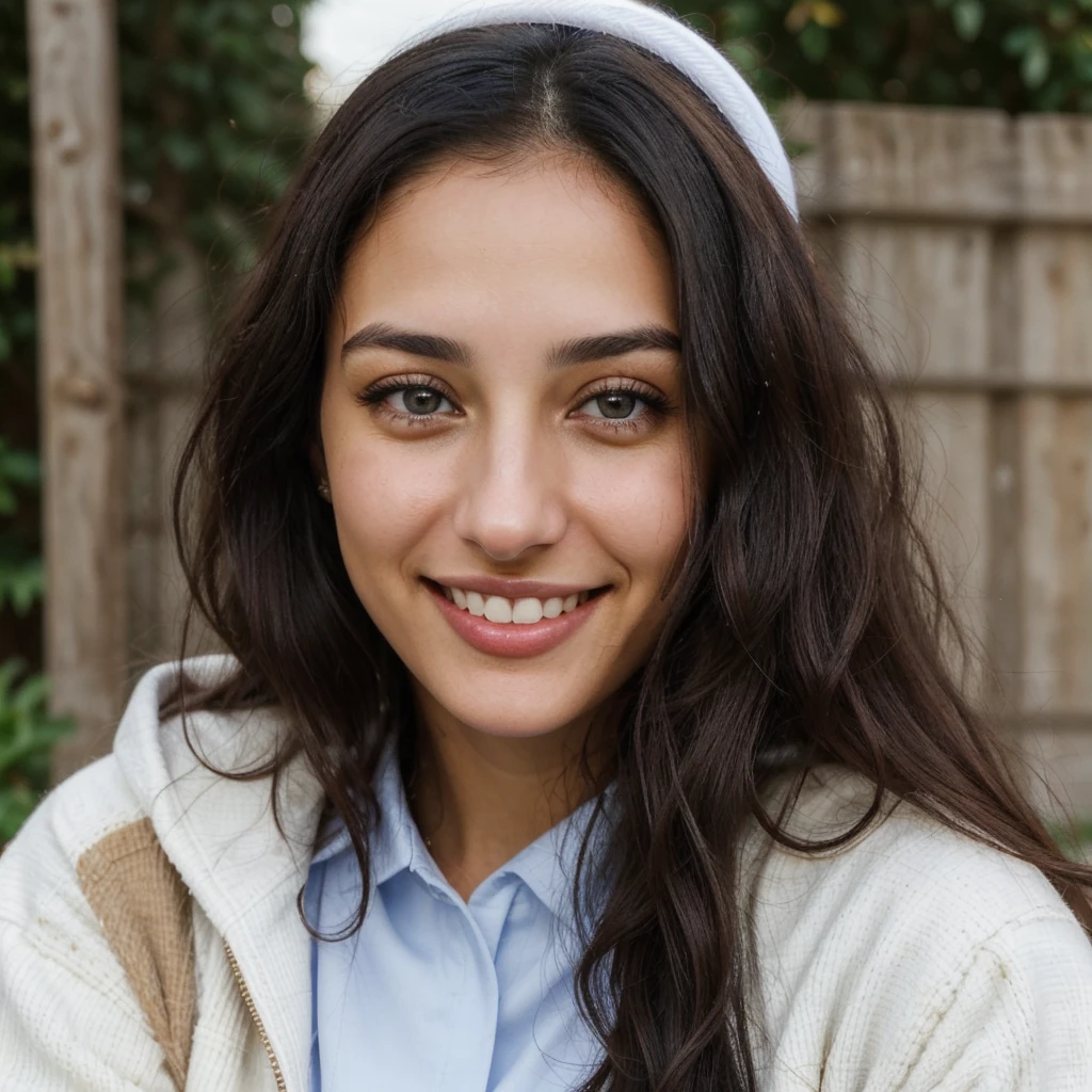 one cute women, 29YO, white, Arab, cute face, realistic brown eyes, blue jacket, black hair, cute smile, skinny face, white realistic teethes, big eyes, long wavy hair