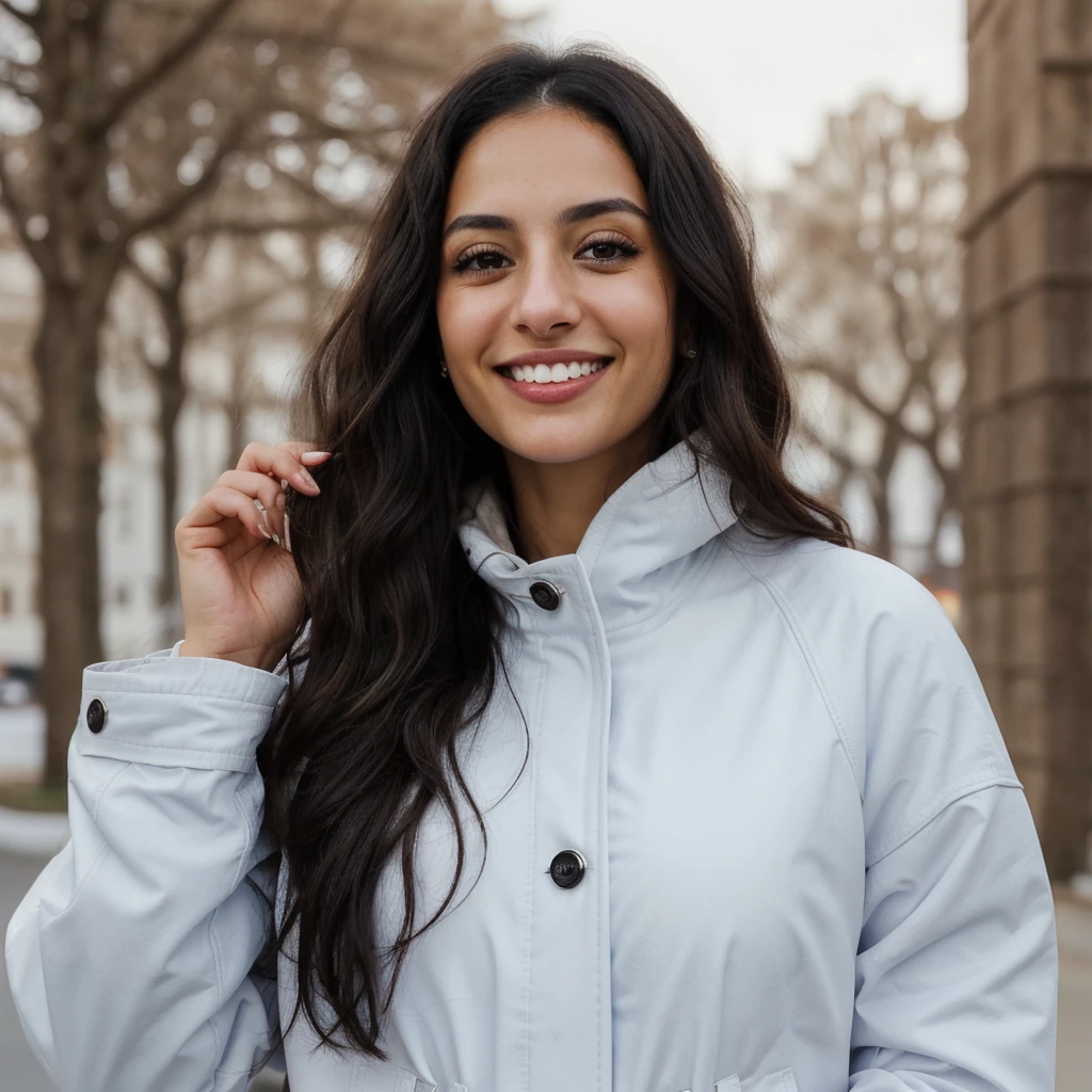 one cute women, 29YO, white, Arab, cute face, realistic brown eyes, blue jacket, black hair, cute smile, skinny face, white realistic teethes, big eyes, long wavy hair