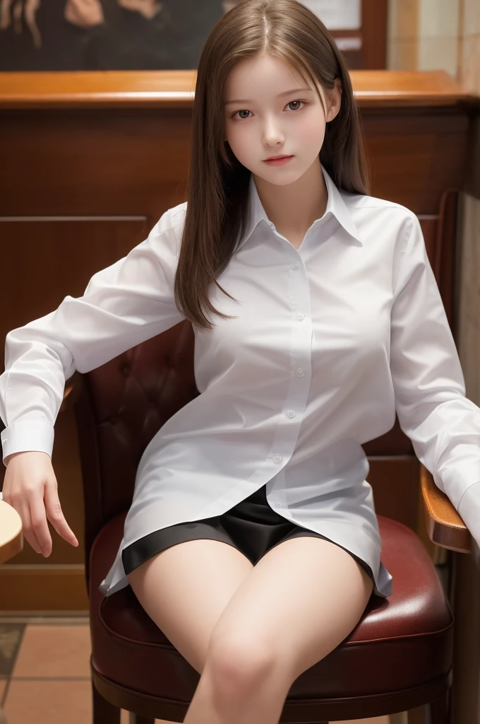 , perfect proportions of a female body, a beautiful face of an actress, formal shirt is worn, her vagina without panties is exposed, pubic hair, she is sitting on a chair in cafe, nsfw, best quality, highly detailed, masterpiece, ultra high res, photo realistic, 8k