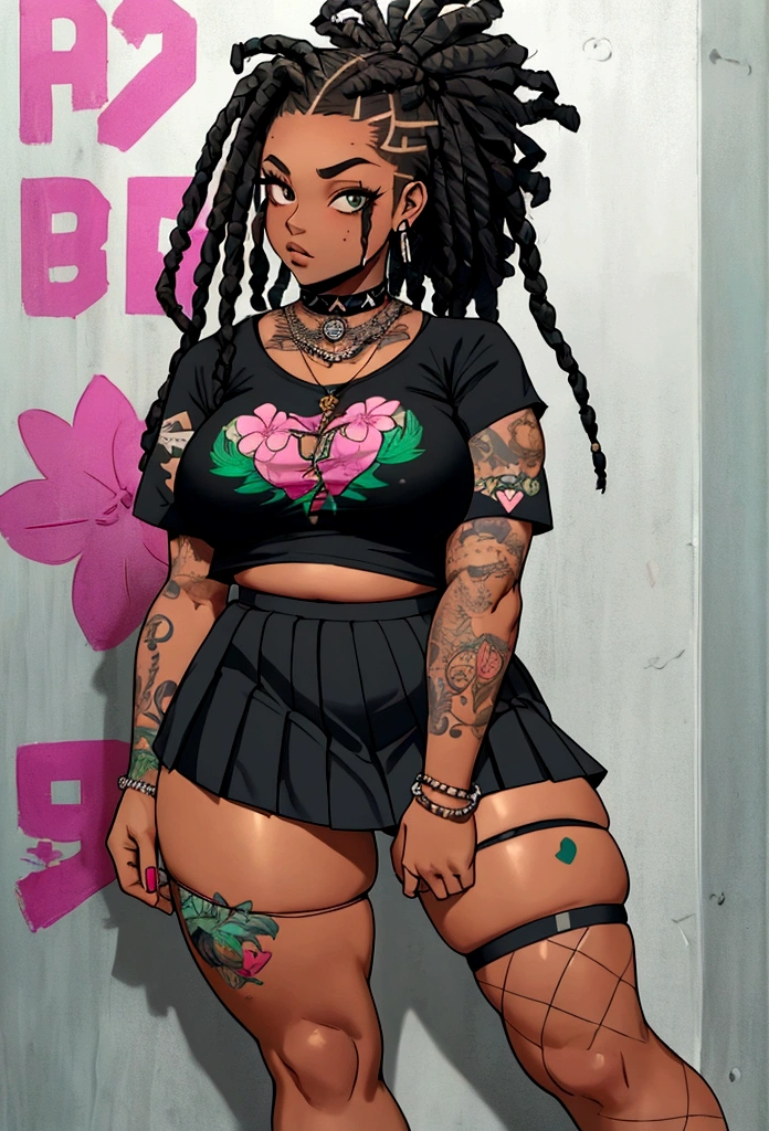 punk afro chubby girl with long freeform braided locs hairstyle and hairy legs)) (wearing cropped punk T-shirt and pleated skirt with fishnet stockings), plump thighs and soft big jiggly butt, (wearing diamond choker necklace), (cannabis flower tattoos on arms and legs), plump legs,
