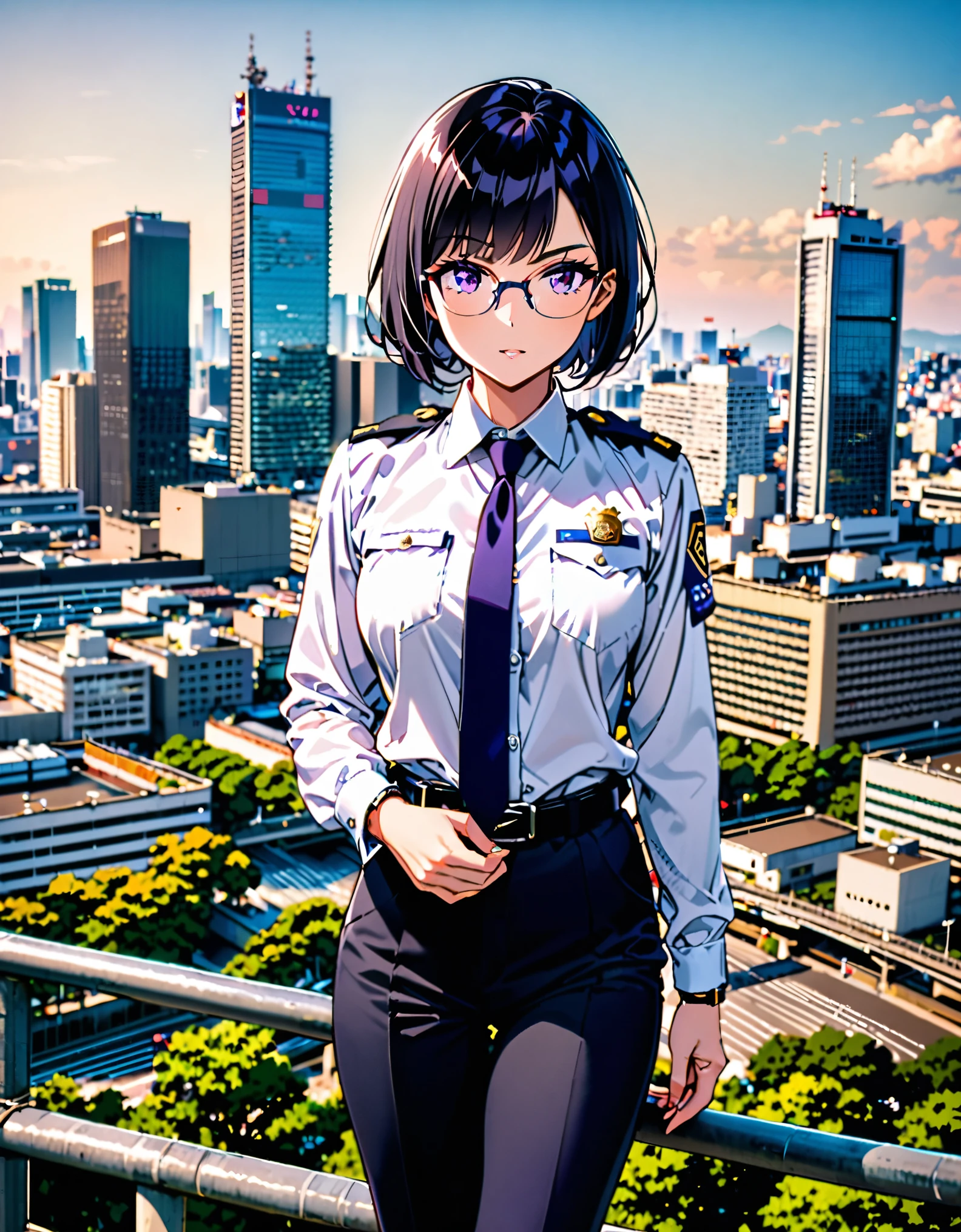 masterpiece, best quality, medium breasts, solo, (jet black hair, short hair, bob hair, purple eyes, bangs), (full body), city backdrop, tokyo city backdrop, solo, solo focus, standing, japanese police uniform, glasses, (white shirt), (black pants, tie), matching shoes, badge, (perfect hands, perfect anatomy), cowboy shot, superhero, ((beautiful detailed eyes)).