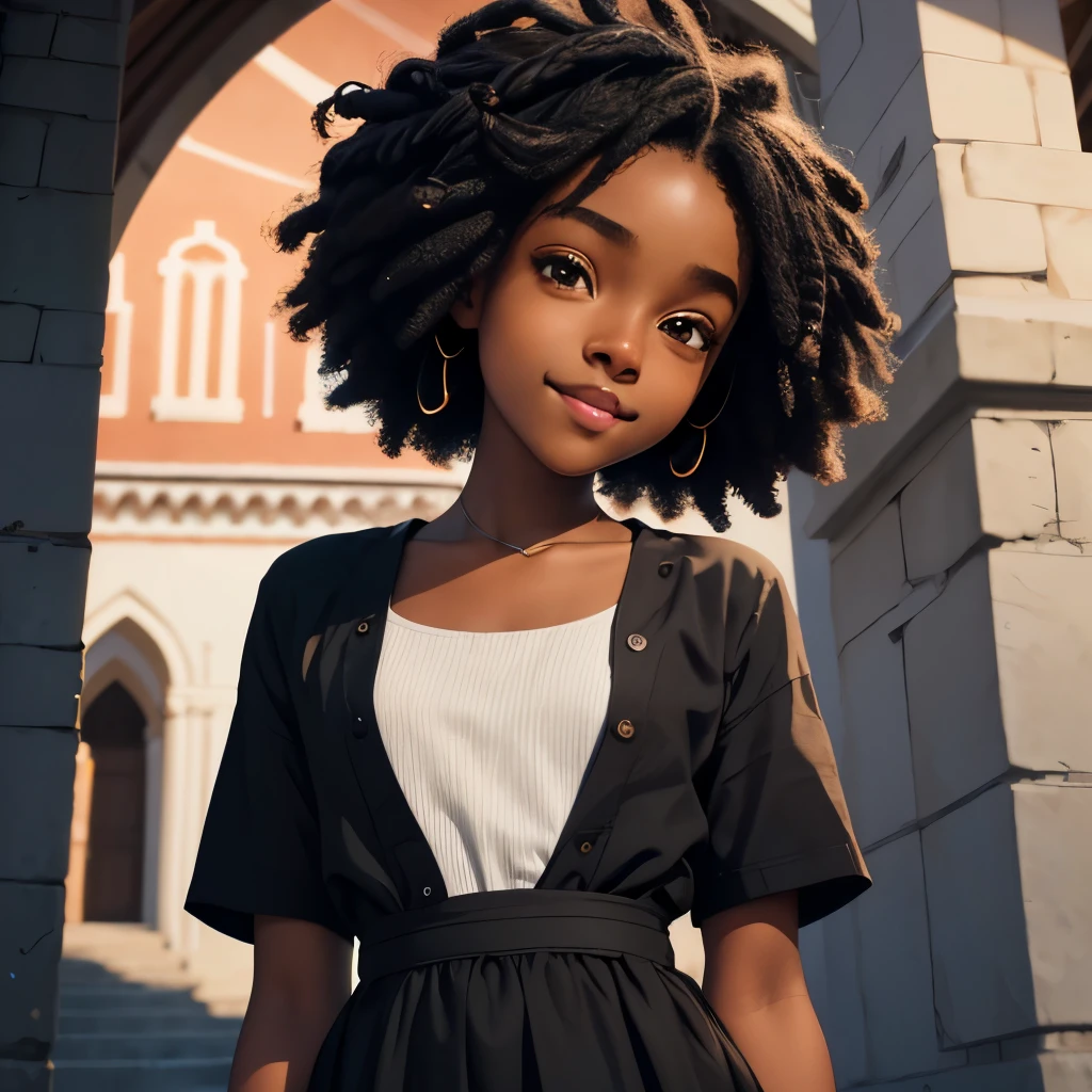 masterpiece, best quality), deep ebony 1girl, beautiful face, short Afro braids , cute, , beautify, Lofi vibe,, cute night vibe, concentrated, hands outside of the picture, Christian ,church vibe , smart clothing, cute look, clothing is dry and baggy, small breasts, teen vibe, cute smile, outside of the church, piano play